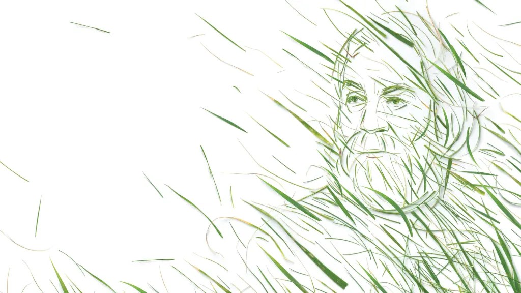 Painting of Walt Whitman with grass blowing in the wind